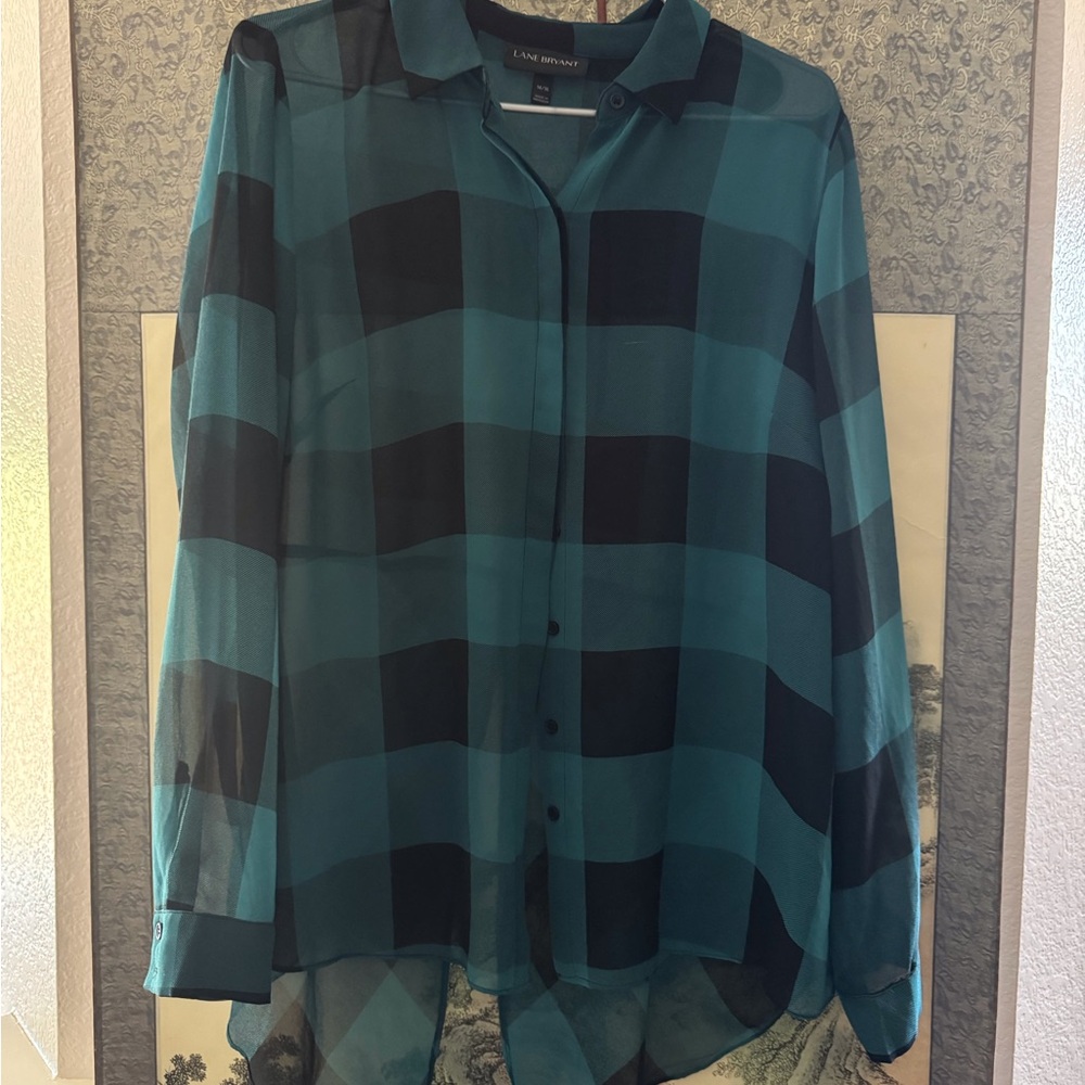 Lane Bryant Tealish, Green and Black Plaid Sheer Shirt, size 14/16